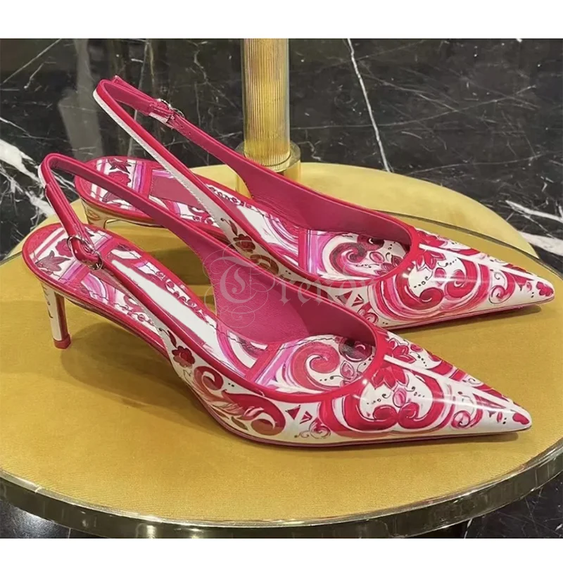 

Red Flower Print Graffiti Sandals Women Low Stiletto Slingback Pump Pointed Shallow Heels Crystal Blue Totem Elegant Dress Shoes