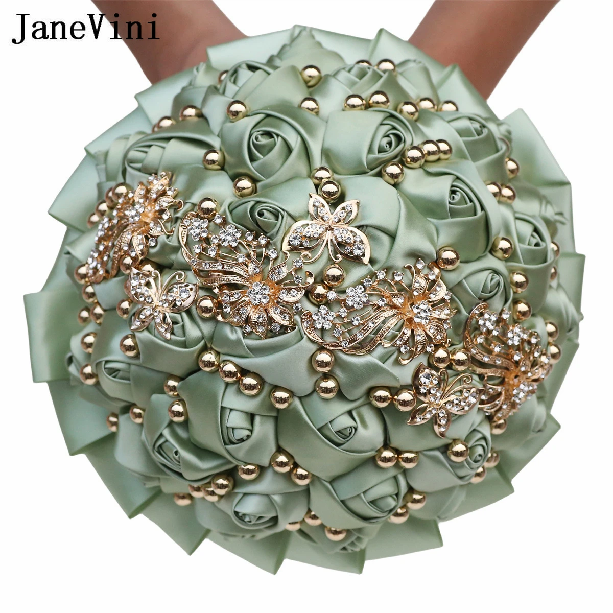 JaneVini Sage Green Bridesmaids Bouquet Flowers Crystal Beaded Butterfly Satin Bridal Wedding Bouquet De Fleur Artificielle