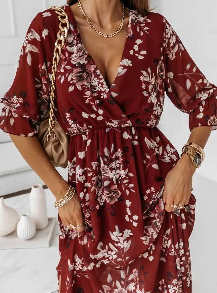 Women's Dresses Fashion Deep V-neck Slim Chiffon Print Maxi Dress 2022 Casual Elegant Women Elastic Waist Side Splits Robe Femme satin dress