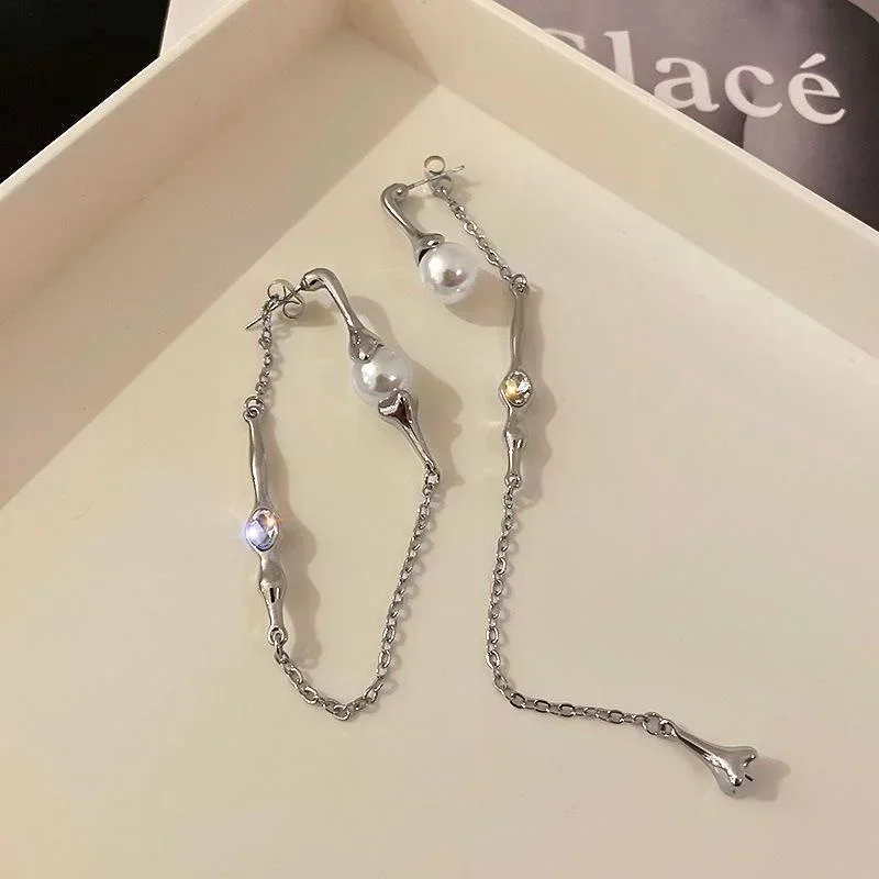 2024 Statement Fashion Ladies Asymmetric Pearl Long Tassel Earrings Korean Style A Two-wear Drop Chain Jewelry Accessories