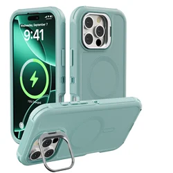 Ultimate 3-in-1 Shockproof Rugged Phone Case with Metal Lens Stand and Magnetic Magsafe Cover for iPhone 15 Plus (Light green)