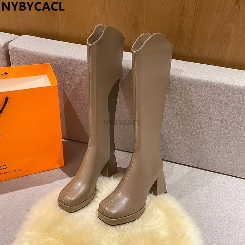 Black Winter Women Boots Fashion Platform Thick Heel Knee High Zipper Autumn Long Shoes Goth Square Heel Rubber Chelsea Plus Siz