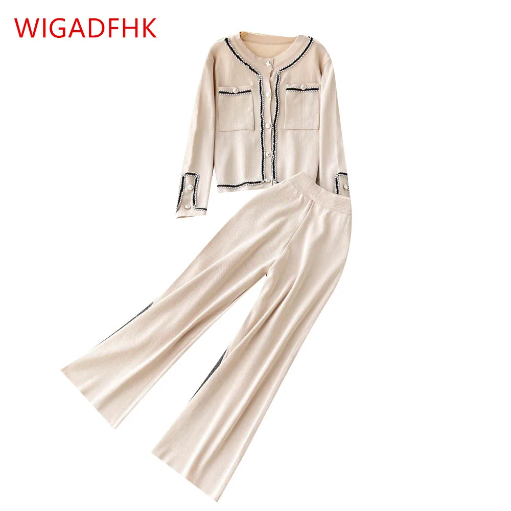 

Autumn And Winter New Knitting Suit Women's Single Breasted Splicing Coat+high Waist Wide Leg Trousers Fashionable Two-piece Set