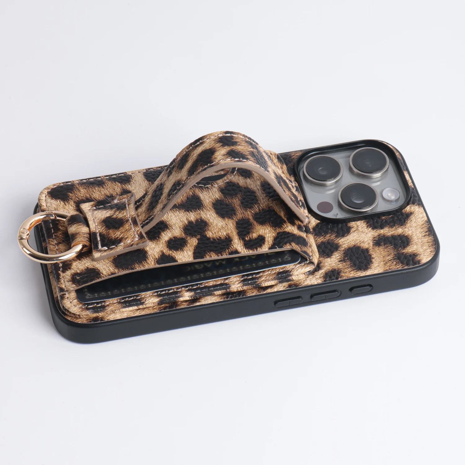 Leopard Print Pebbled PU Leather Phone Case with Card Holder and Finger Strap Ring Hook