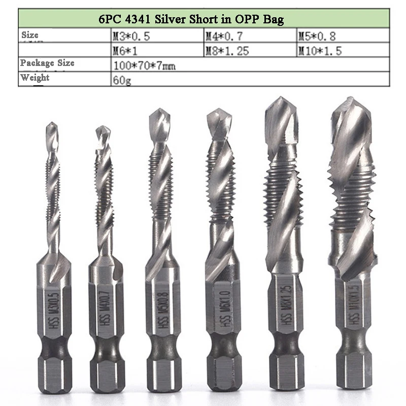 L-FIRST 6pcs Tap Drill Bit Hex Shank Titanium Plated HSS Screw Thread Bit Screw Machine Compound Tap M3 M4 M5 M6 M8 M10 Tools best hand planer Hand Tools