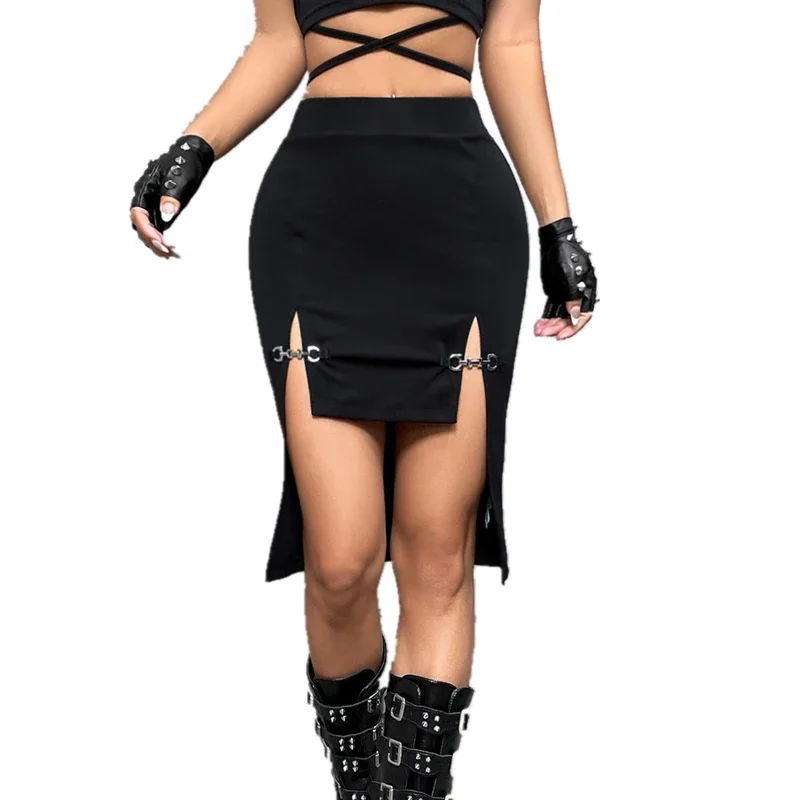 

Sexy High Waist Wrap Hip Split Asymmetrical Skirts Womens Sexy Black Gothic Shirt Dress New Fashion Cosplay Ladies Short Skirt