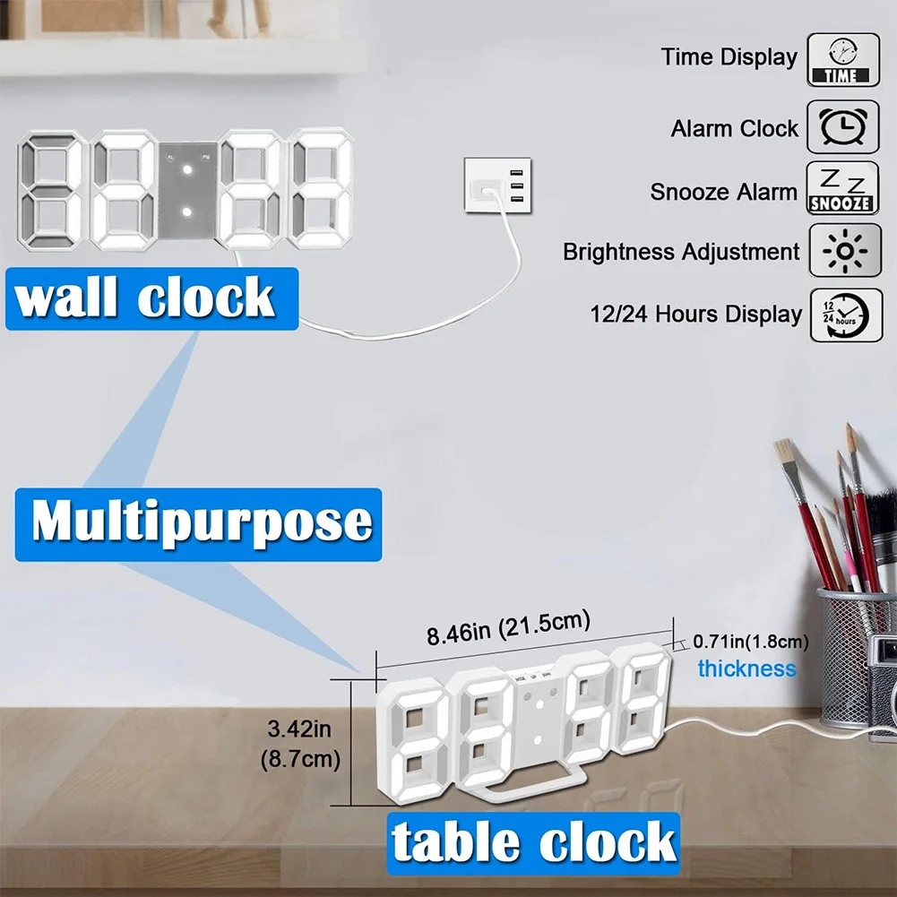 3D LED Digital Wall Clock with Adjustable Brightness Triple Alarm Temperature Display for Home Office Use 5
