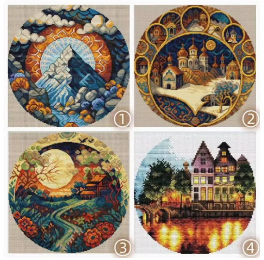 Cross-stitch round landscape art volcano gold town sunset Needlework Embroidery DIY DMC Cross Stitch Kits Crafts