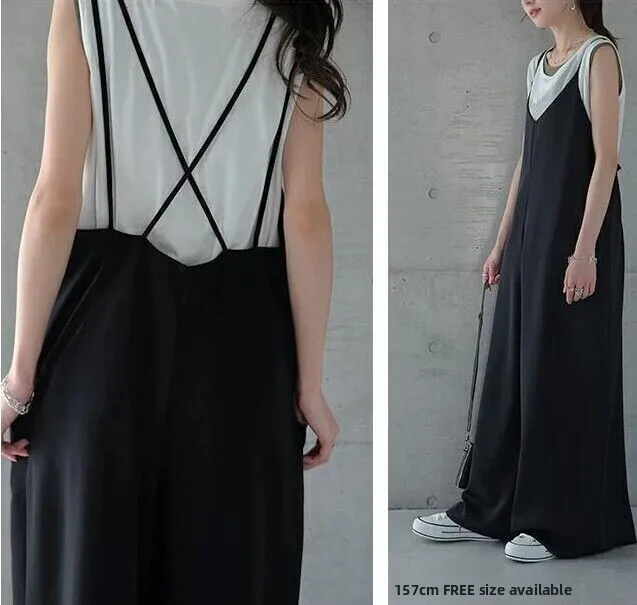 Summer 2023 Women's Casual One-Piece Pants Loose Wide Leg Pants  Color Strap High Waist Commuter Sle Korean Faion