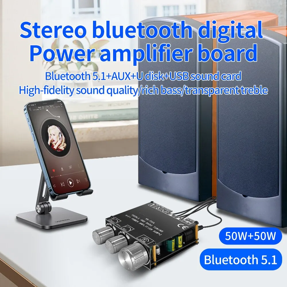 Audio Amplifier Board Bluetooth 5.0 2x50W HIFI Power Subwoofer Amplifier Board Stereo Digital Audio Power Amplifier AMP AUX USB T50L APP