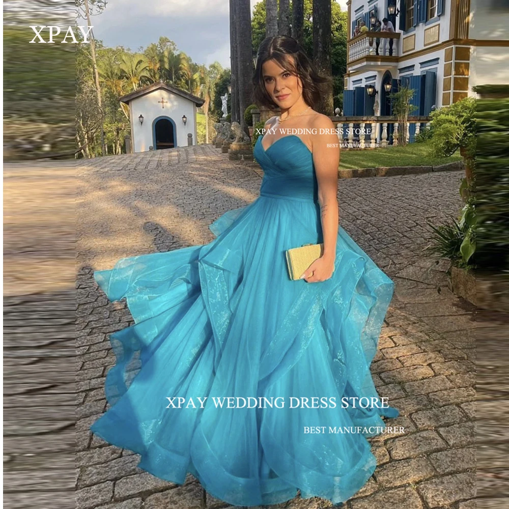 

XPAY Shiny Sky Blue Silk Organza Prom Dresses Sweetheart Ruffles Sweetheart Arabic Women Evening Gowns Formal Occasion Party