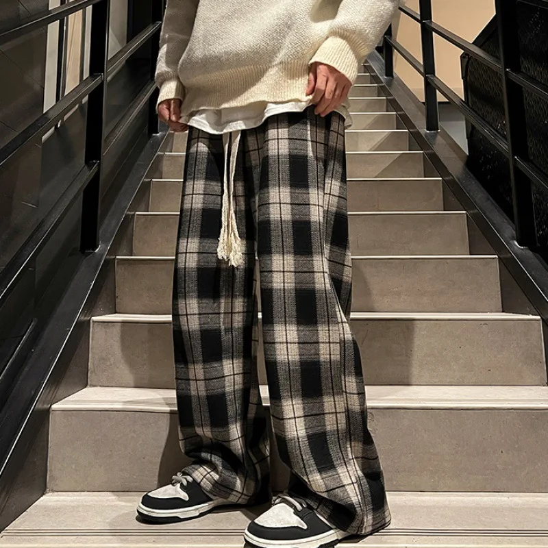 Harajuku Loose Plaid Pants Women Autumn Winter Unisex Couple Plus Velvet Pants Casual Loose Thick Warm Wide Leg Trousers Y2k
