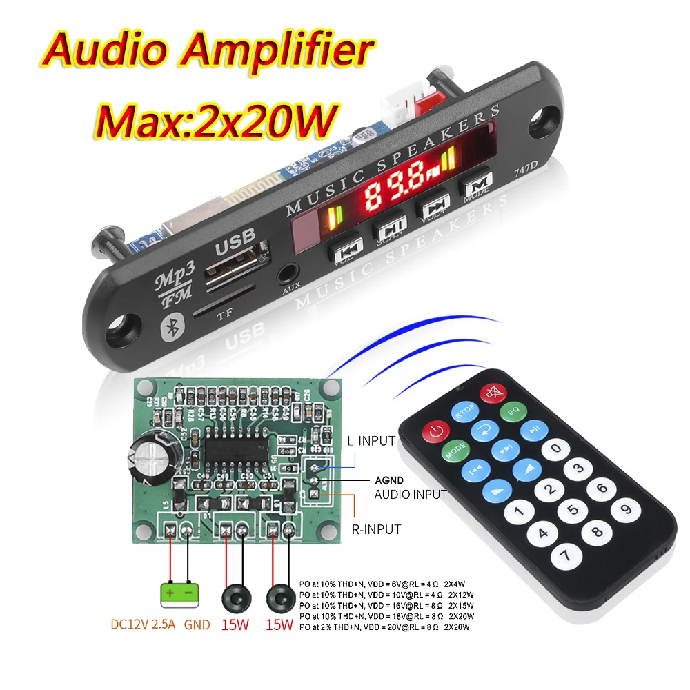 sandisk mp3 player 9V 12V Bluetooth 5.0 MP3 Decoding Board with Mic Digital AMP HiFi Stereo 20W Amplifier Module AUX USB FM  Handsfree For Speaker sandisk mp3 player