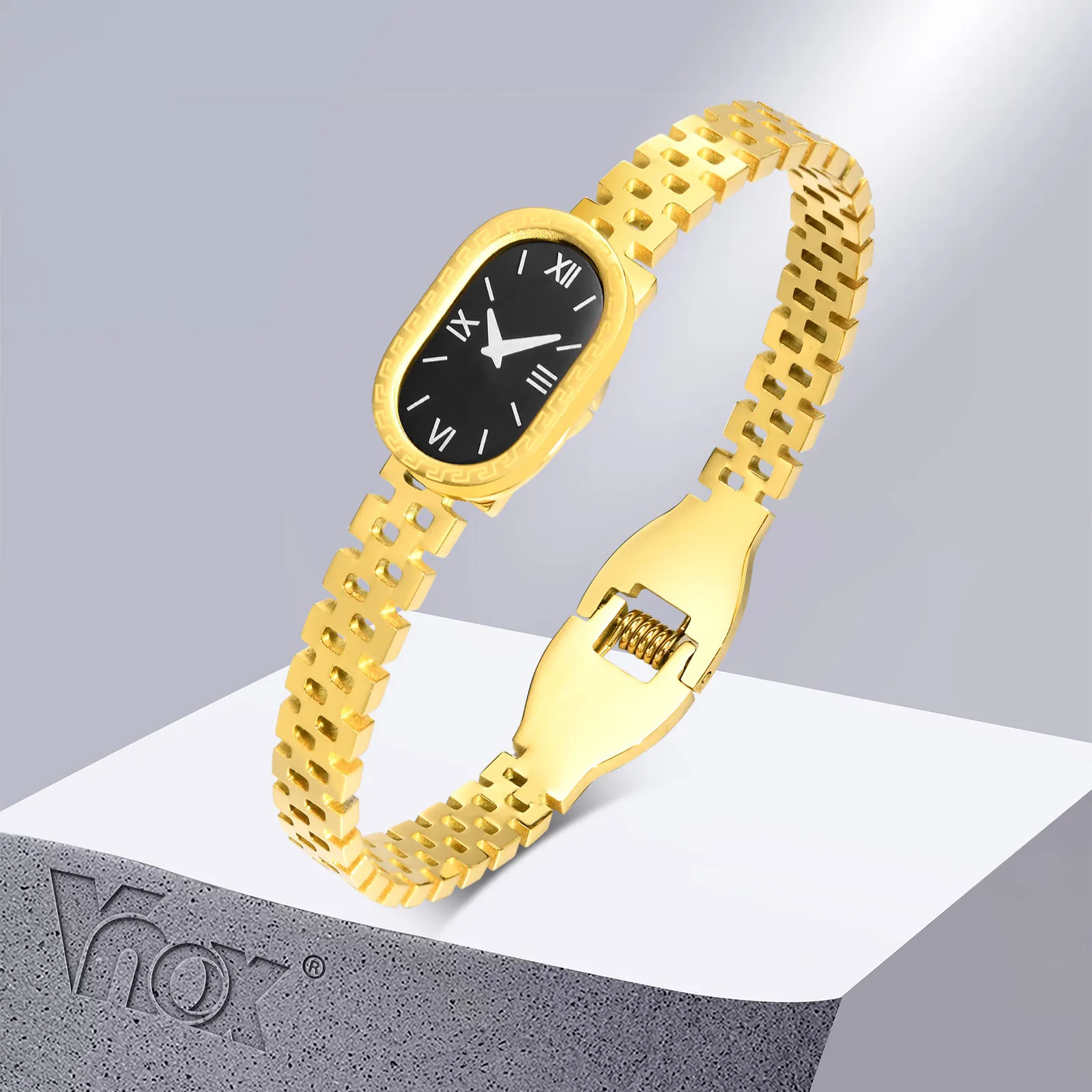 Braccialetto a forma di orologio Vnox per donna, bracciale in acciaio inossidabile Color oro, elegante cinturino da donna