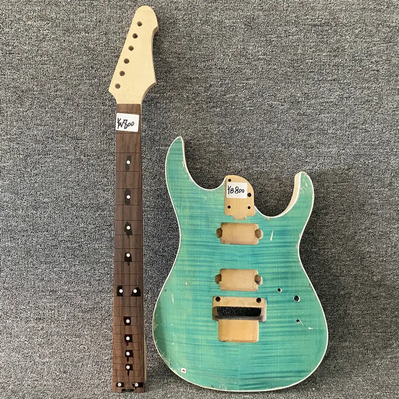 

YN800YB800 Unfinished Electric Guitar Kit Floyd Rose Green Flamed Maple Body Neck No Frets for DIY One Sets