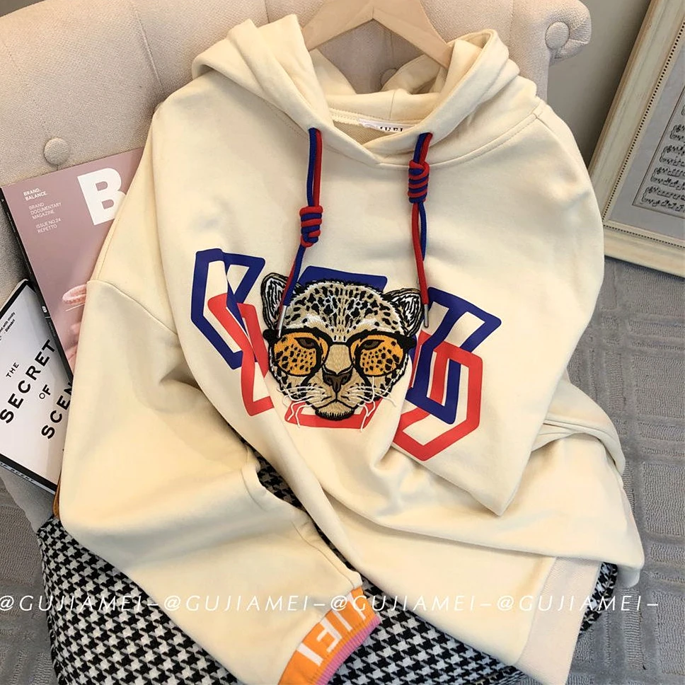 

Streetwear Cool Leopard Head Embroidery Sweatshirt Hoodie Women Ladies Casual Y2K Tops Kawaii Clothes Korean Fashion Winter 2022