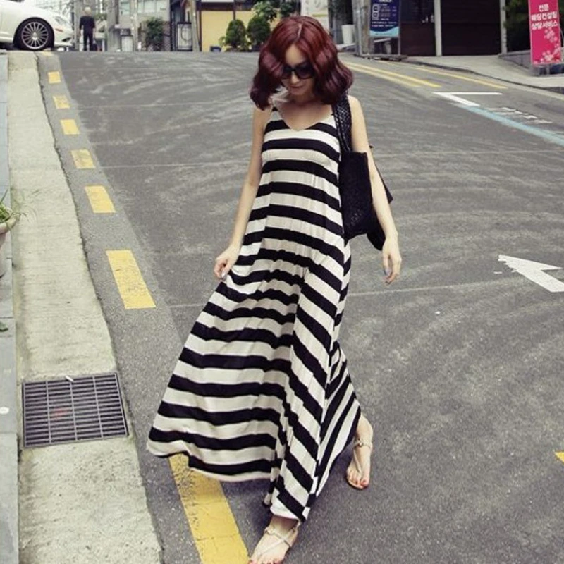 여성용 원피스 모달 스트라이프 캐미솔 원피스 루즈 패션 라지 사이즈, 긴 탄성 스타일, 큰 밑단 원피스 Q0033 
