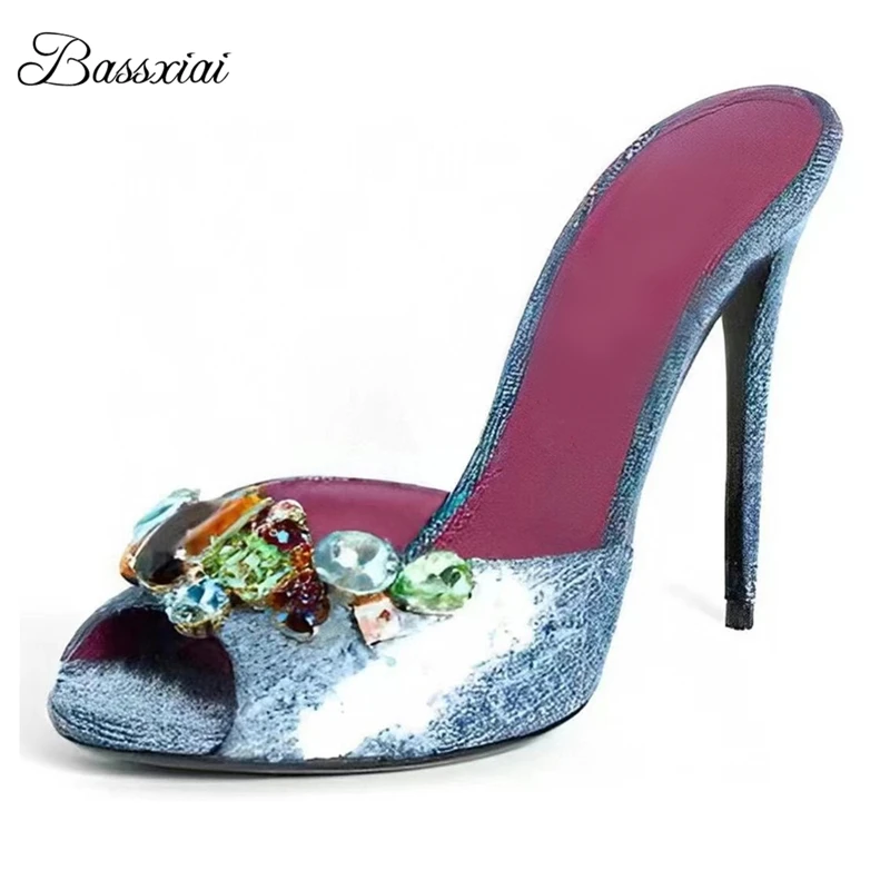 Luxury Diamond Rhinestone Buckle Sandals Women 10cm Stiletto Heel Denim Blue Slingbacks Summer Mules