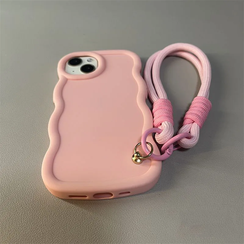 Candy Color Shockproof Phone Case with Hand Rope Strap and Curly Wave Design