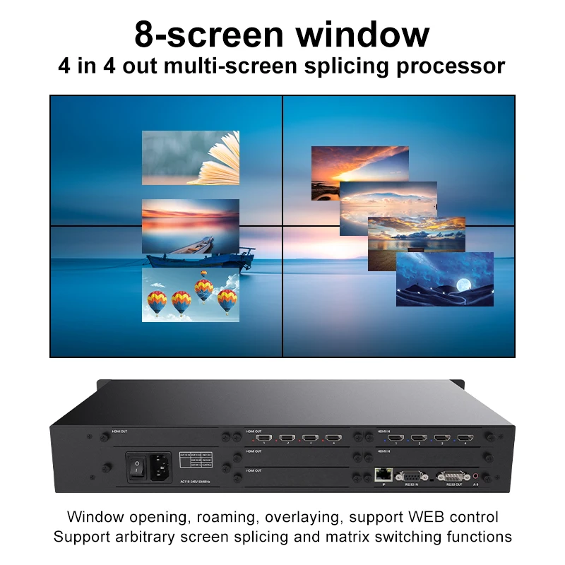 

TV Video Wall Processor HD Controller 4x4 HDCP1920x1080P60Hz 4 Input 4 Out HDMI Matrix Switcher Splicer Window WEB/RS232 Control
