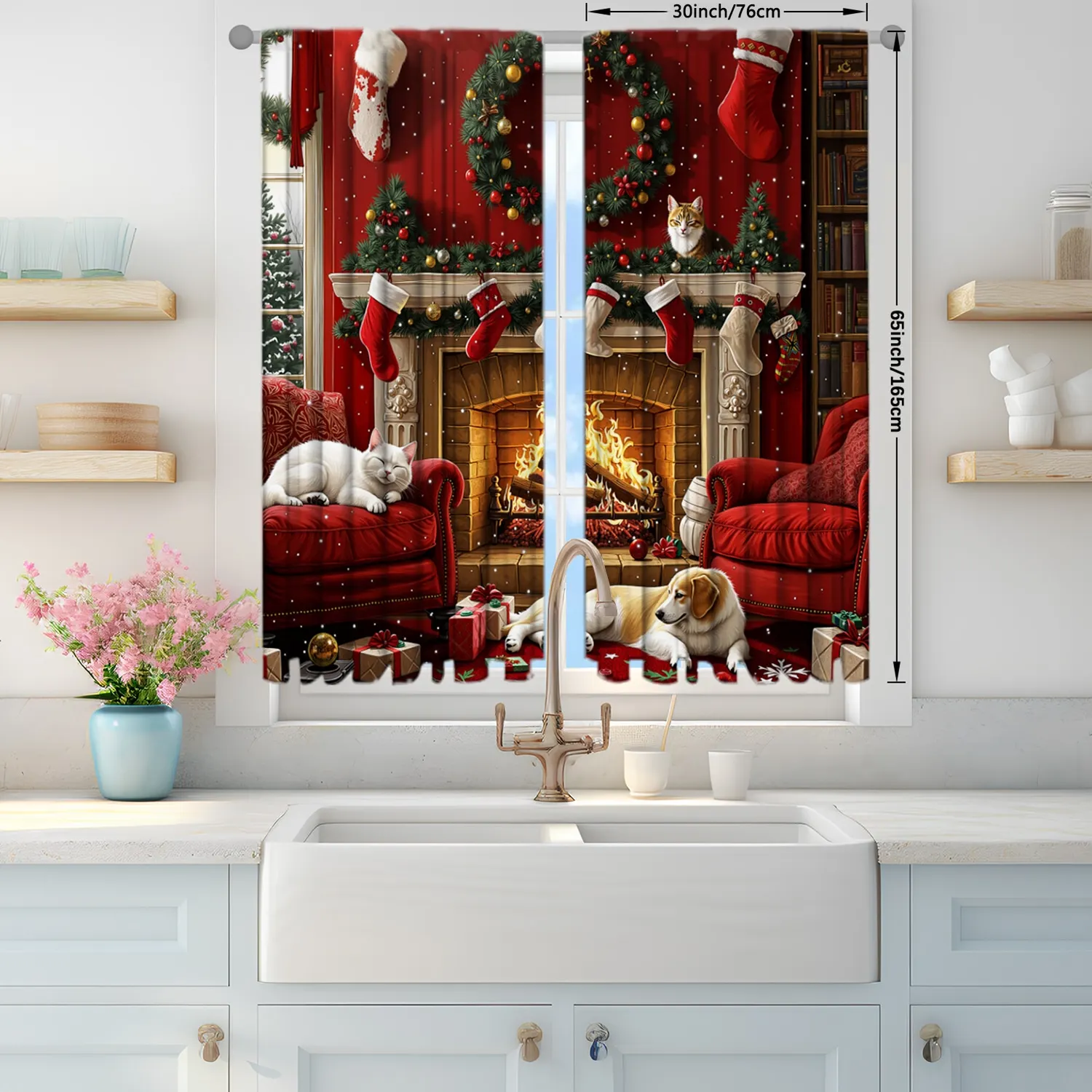 Description Picture 5 of item2pcs Christmas Fireplace Printed Curtain for Christmas Home Decor - Rod Pocket Window Treatment for Bedroom, Office, Kitchen