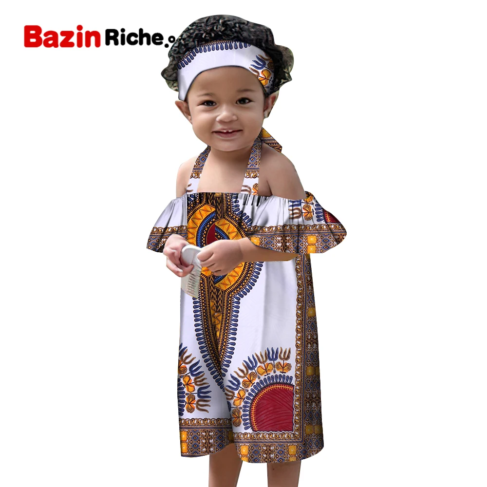 

Summer Girl African Clothing Ankara Africa Clothes Kids Wax Print Cotton Off the Shoulder Bazin Riche Pleated Clothes WYT665