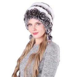 Rabbit Fur Textile Knit Beanie with Fur Pom Warm Winter Thick Fuzzy Ski Style Hat Accessories Gift