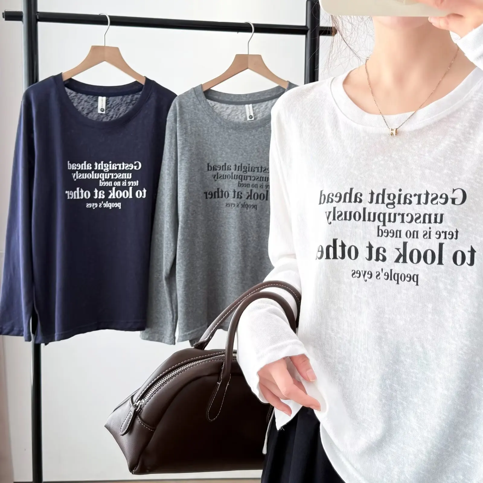 Fashion Plus Size Women's T-Shirt Autumn New Style Basic Casual Printed Letter Long Sleeve Thin Tops 2559