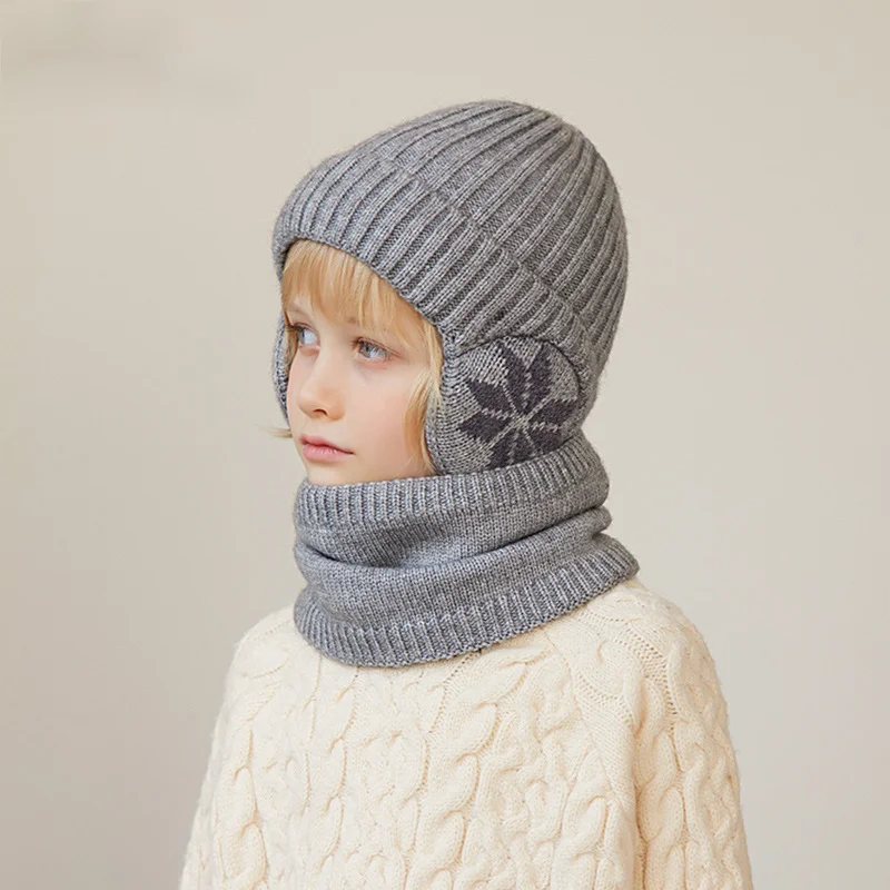 Kindermütze Winter Samt Hals Set Gestrickte Wollmütze Herren und Mädchen Warmer Ohrenschutz Hoodie Kopfkappe_voghion.com