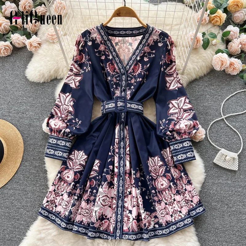 

Women Vintage V-neck Printed Dress Runway Lantern Long Sleeve Single-breasted Belted Slim Mini Party Dresses Vestido Spring Fall
