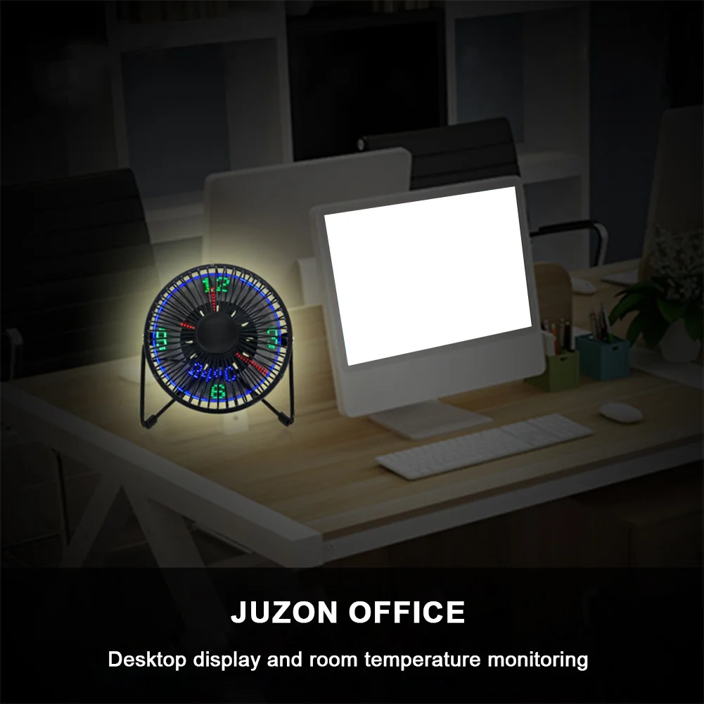 Black Plastic USB Clock Fan with Real Time Temperature Display for Home and Office
