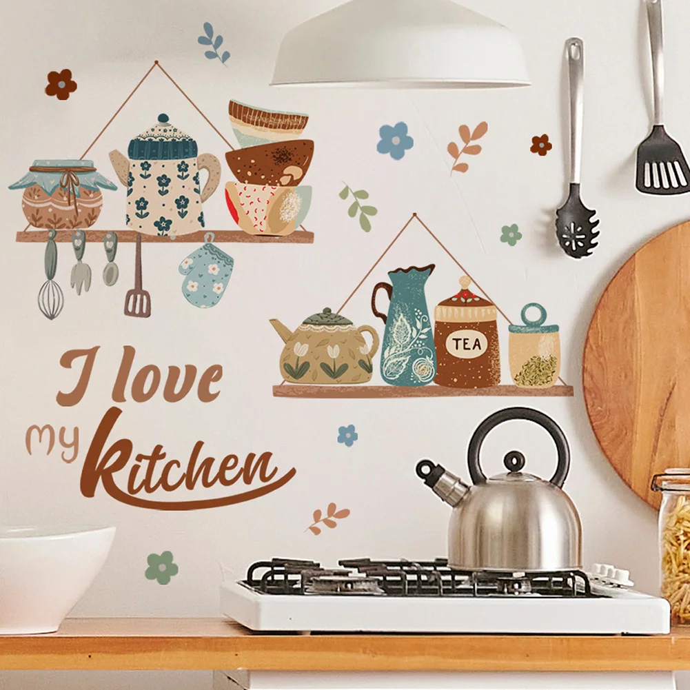 

30*60cm Cartoon Wall Stickers Removable Waterproof Stickers Fun Design Green Plant Cook Utensils Kitchen Study Decorative Wall
