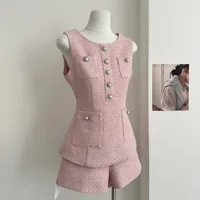 High Quality Female Tweed Sleeveless Vest Top High Waist Shorts Set Women French Slim Summer Sweet Girl Lady Two Piece Outfits - Image 5