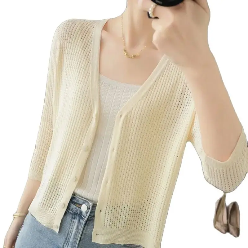 Sunscreen cardigan women's three-quarter sleeves breathable hollow thin  spring and summer V-neck ice silk knitted topLady