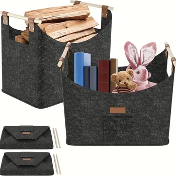 XXL Foldable Firewood Basket with Fleece Lining & Wooden Handles 1