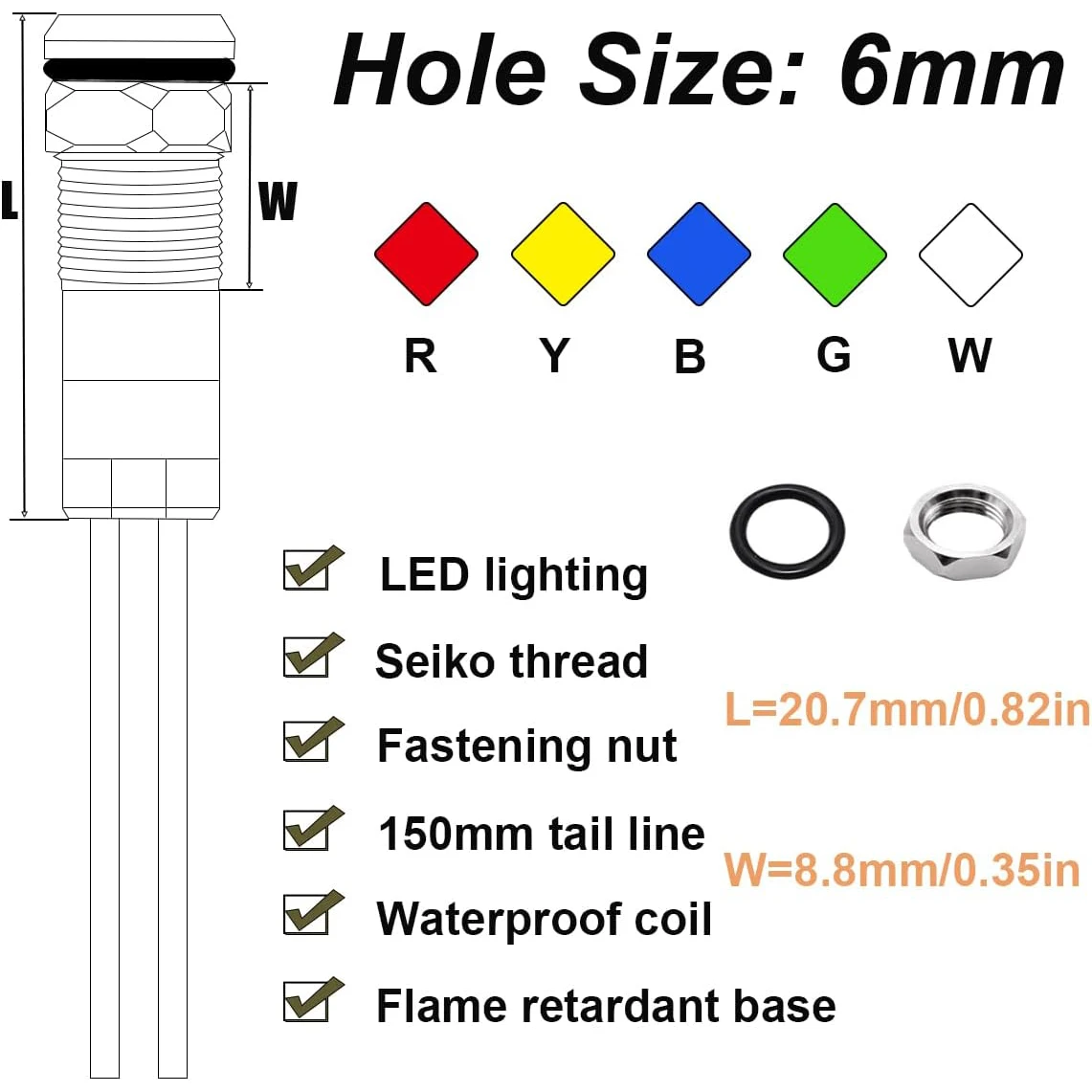 5Pack 6mm AC/DC12-24V LED 표시 등 방수 IP65 24 볼트 LED 조명 금속 파일럿 램프 조명 Milt-Color 패널 LED