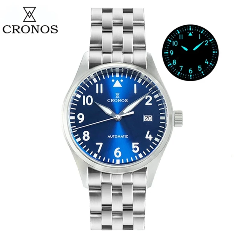 

Cronos L6012 Pilot Watch For Men 39mm PT5000 Movement Mechanical Vintage Leather Strap 100m Waterproof BGW-9 Blue Luminous