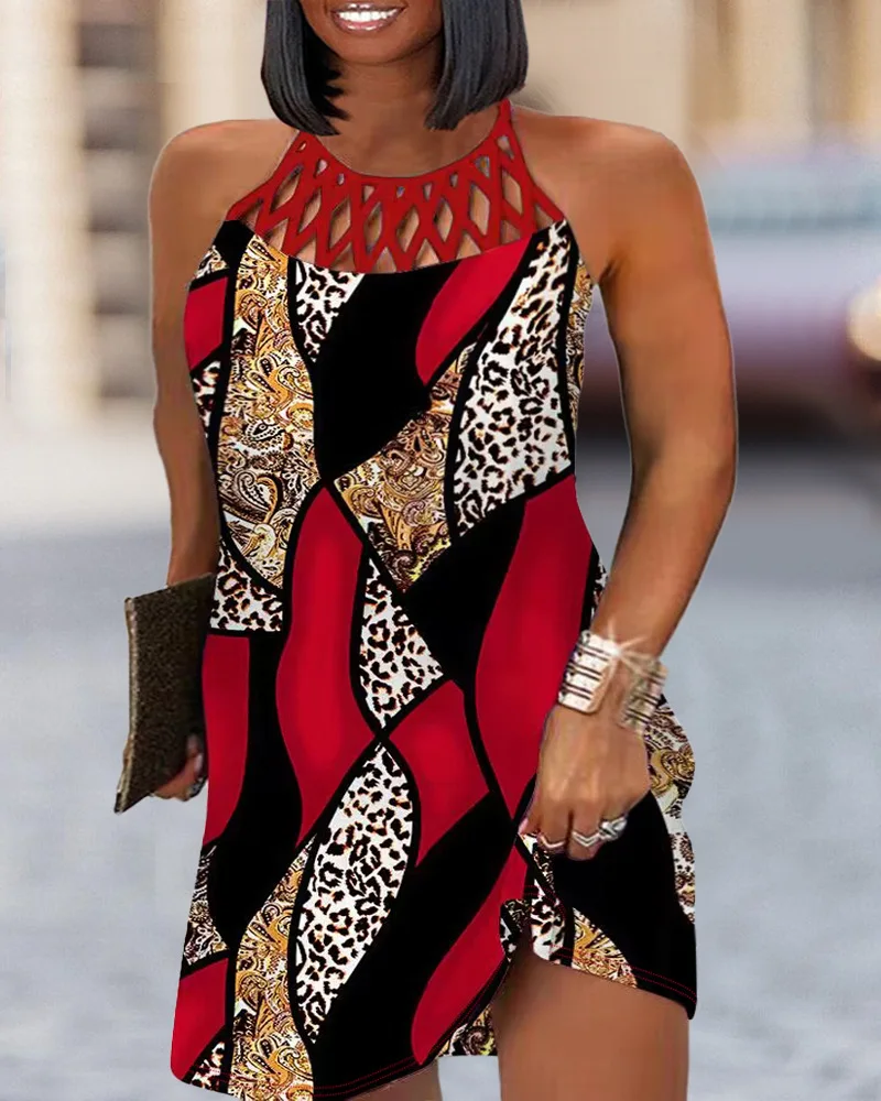 

Baroque Leopard Print Hollow Out Casual Dress Women Sleeveless High Waist Sexy Summer Spring Mini Dress