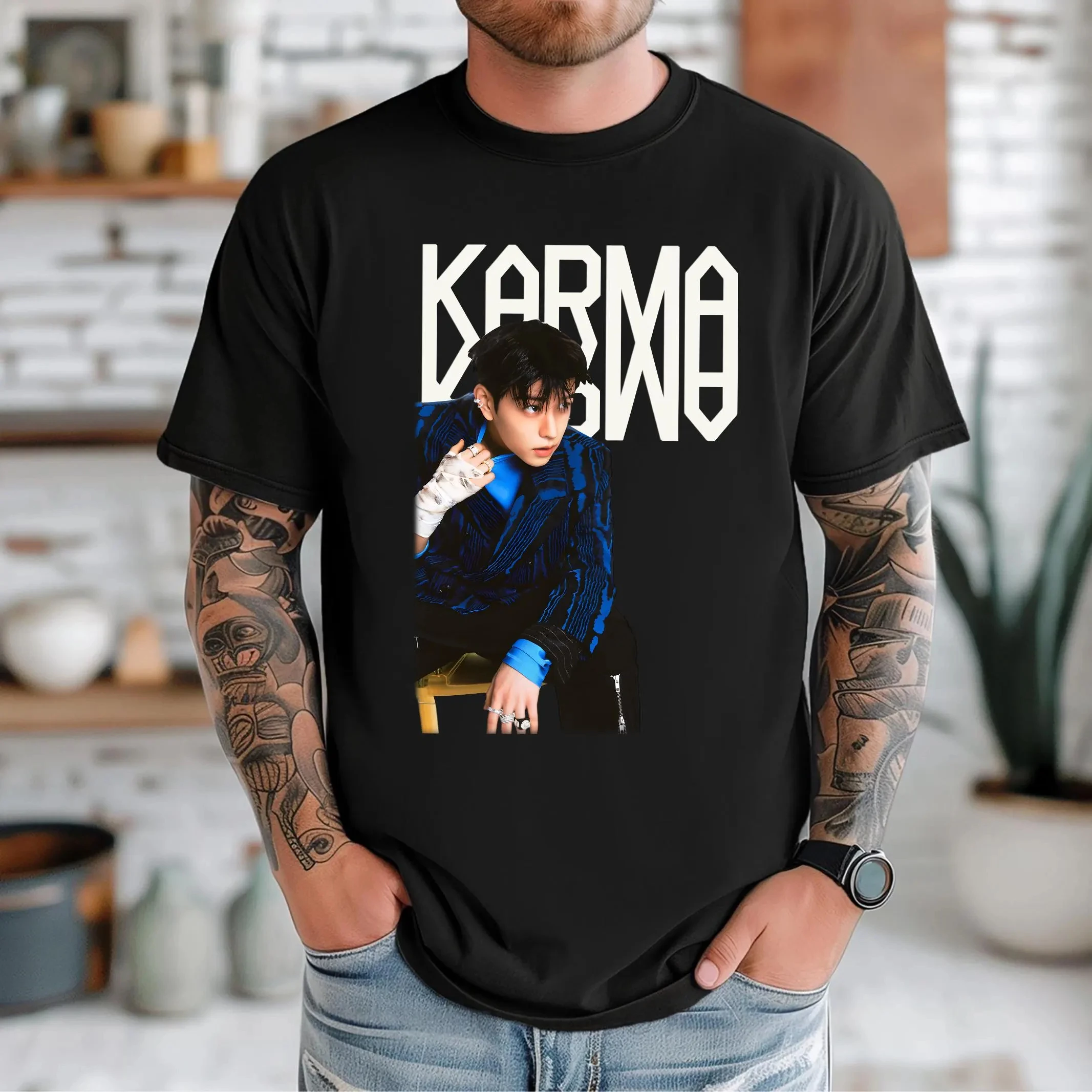 100% Baumwolle Hip Hop T-shirt Harajuku Tops Streetwear KPOP Das 4th Album KARMA T Hemd CHANGBIN HYUNJIN FELIX Koreanische Mode – Detail 11