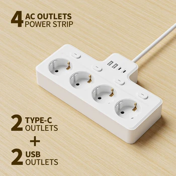 8-in-1 EU power board, multi-switch power extension cord plug-in board, 4 AC sockets, 2 USB 2 Type-C, desktop wall charging stat 1
