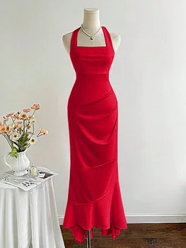 Fishtail Tie Halter Neck Waist-Cinching Suspender Dress 1