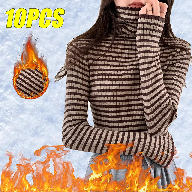Women's Jumper Bottoming Shirt High-collar Slim Stripe Knit Bottom Shirt Autumn and Winter Thickened Cotton Warm Knit
