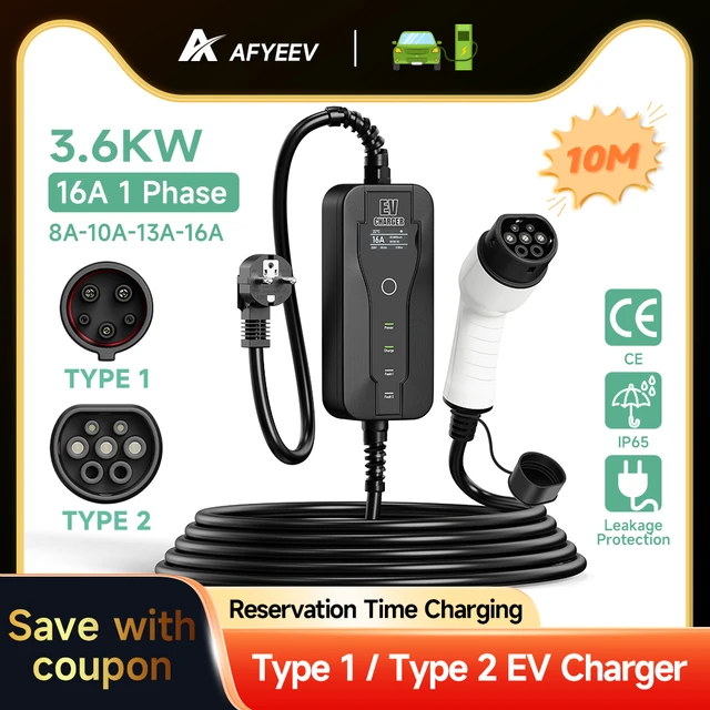 Electric vehicle charging station 5m portable 8A-10A-13A-16A
