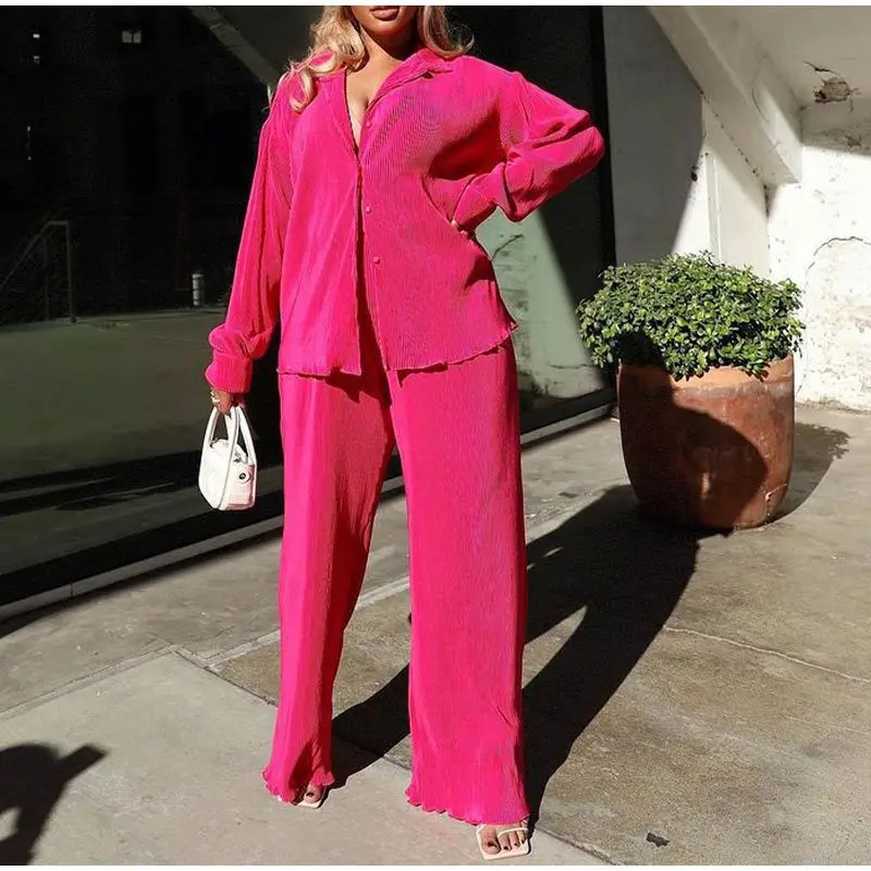 Women Pleated Set Wide Leg Pants Suit 2022 Long Sleeve Shirt Set Straight Trousers Two 2 Piece Sets Outfits Tracksuit