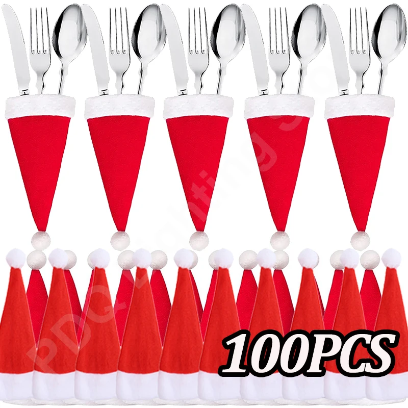 100pc Mini Christmas Hat Tableware Knife Fork Storage Holder Bags Merry Christmas Party Dinner Wine Bottle Xmas Hats Decorations