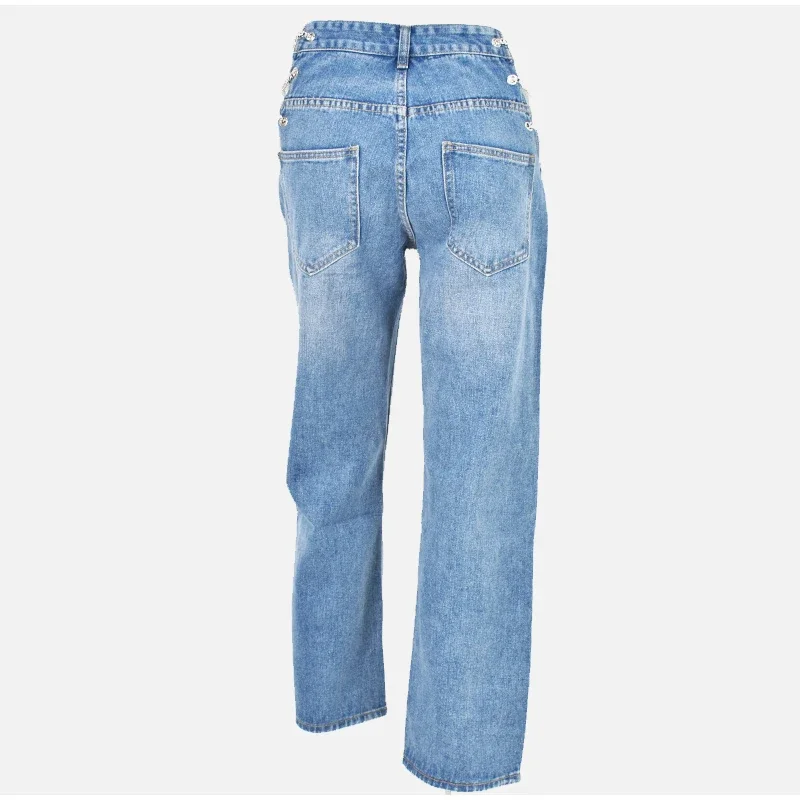 Sexy Jeans Women High Waist Washed Chain Straight Side Hollow Out Patchwork Blue Long Denim Trousers Zipper Pocket Streetwear