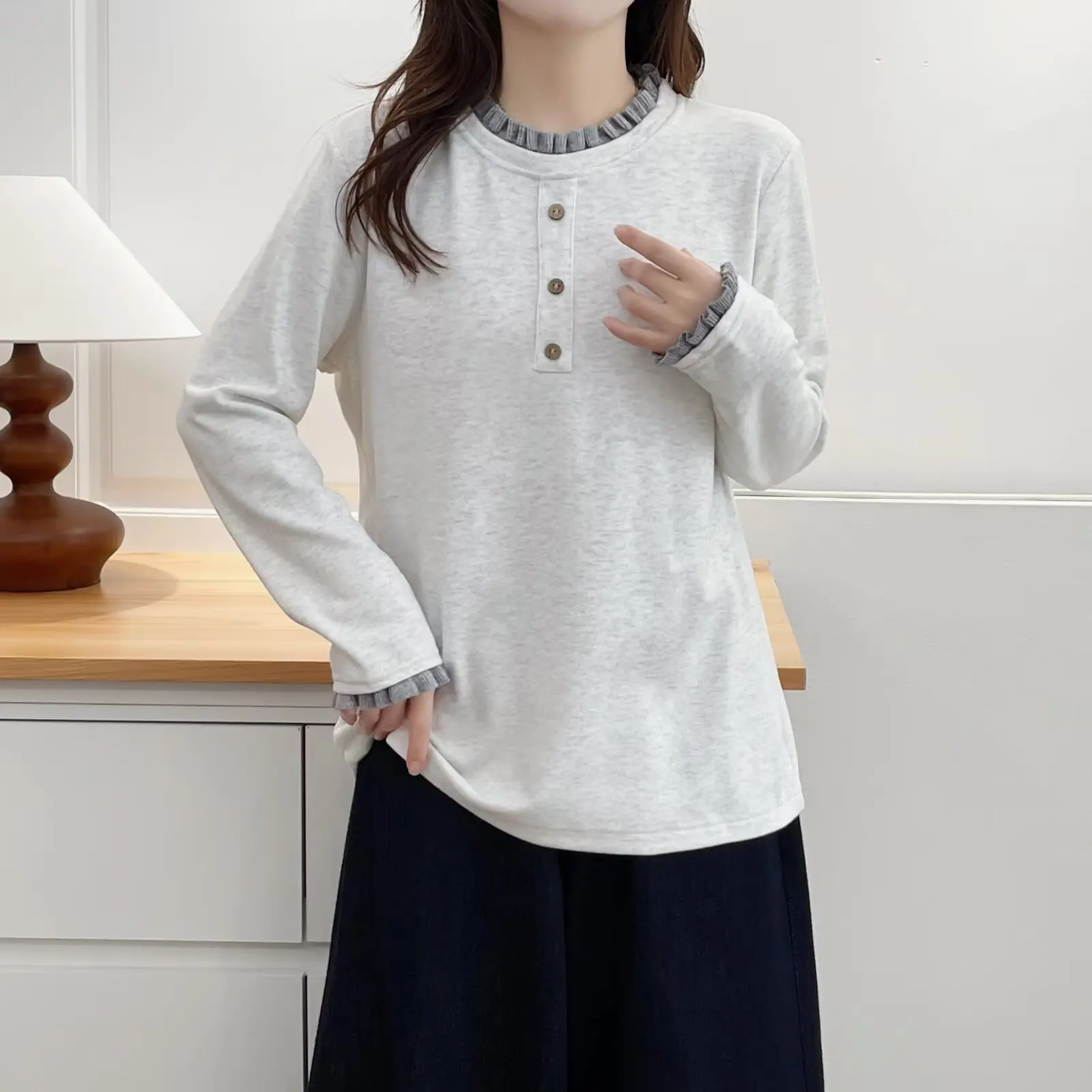 XXXXL Fashion Plus Size Women's T-Shirt New Autumn And Winter Fleece Warm Color Blocking Ruffled Collar Long Sleeved Top 8857