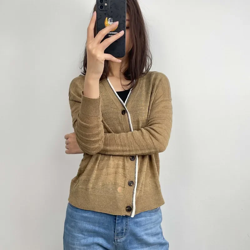 

2024 Spring New Linen Blended Striped Versatile Cardigan Women Jacket