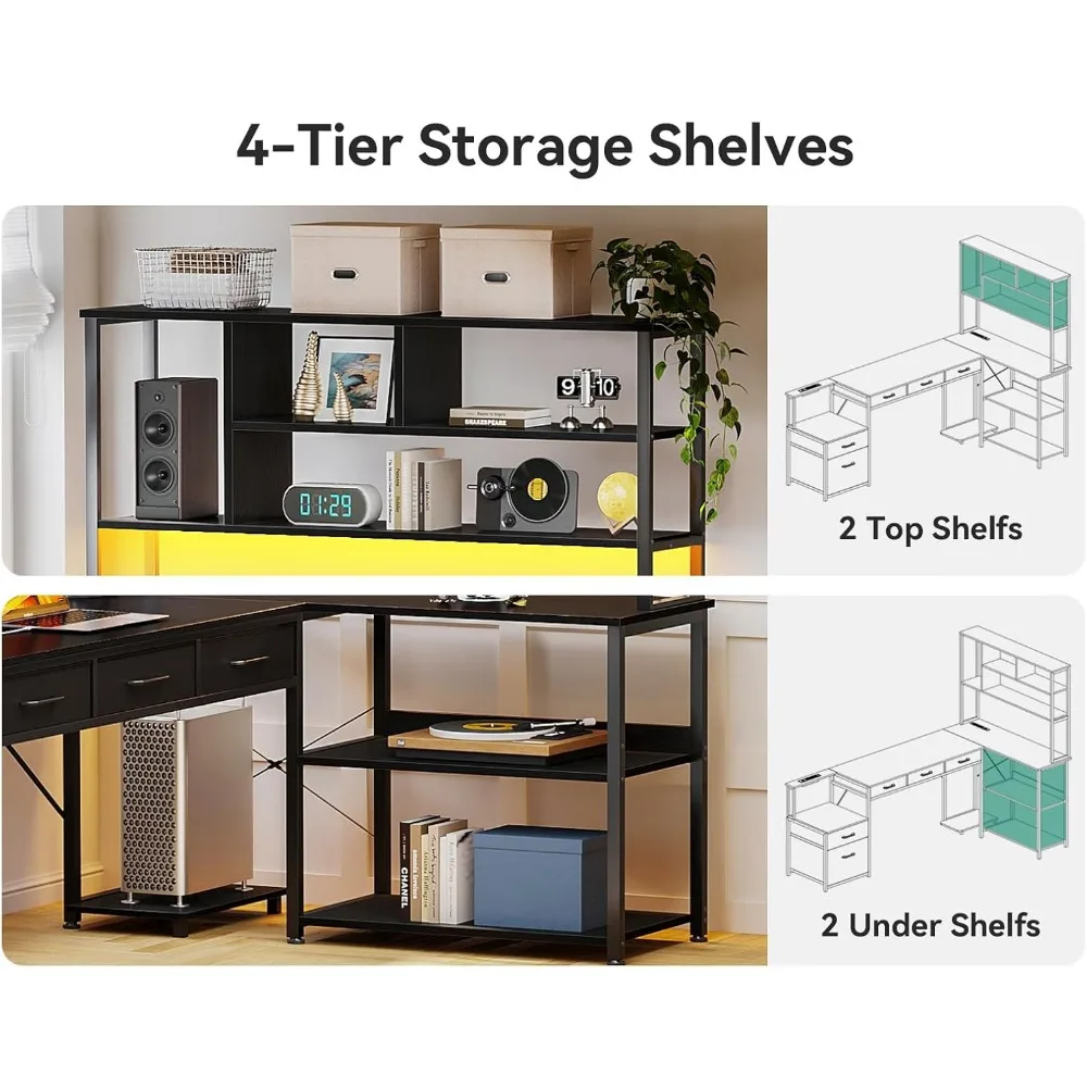 79 inch L Shaped Desk with File Drawers, Reversible L Shaped Gaming Desk with Power Outlets & LED Lights, Computer Desk wit 5
