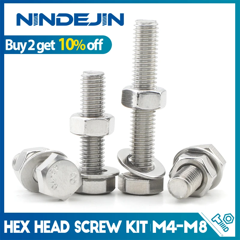 NINDEJIN M4 M5 M6 M8 External Hex Hexagon Head Screws Assortment Kit with Nuts Washers Stainless Steel